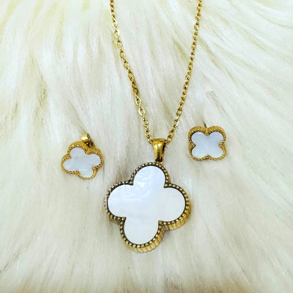 Clover Earrings & Necklace Set (White)