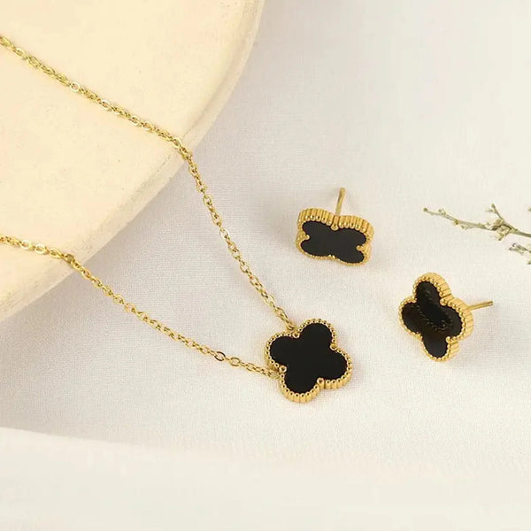 Clover Earrings & Necklace Set (Black)